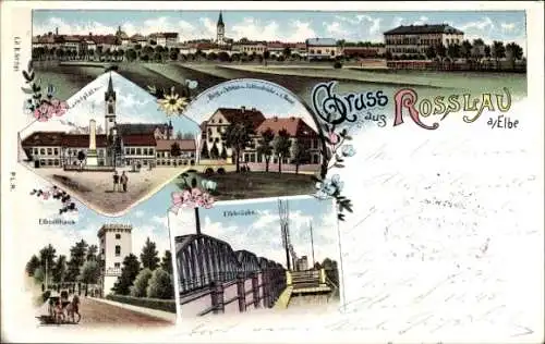 Litho Roßlau an der Elbe Anhalt, Panorama, Marktplatz, Elbzollhaus, Schloss, Elbbrücke