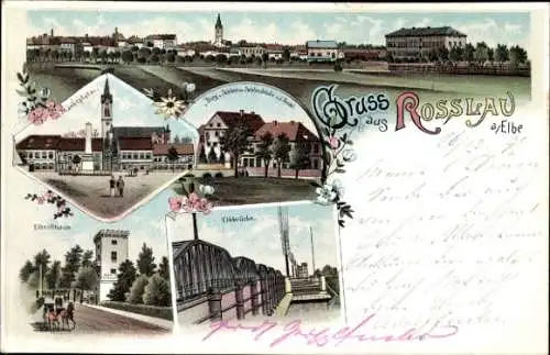 Litho Roßlau an der Elbe Anhalt, Panorama, Marktplatz, Elbzollhaus, Schloss, Elbbrücke