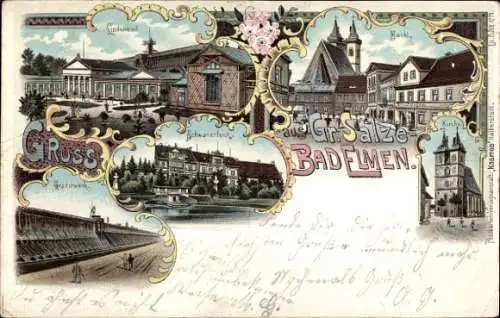 Litho Groß Salze Bad Elmen Salzelmen Schönebeck an der Elbe, Schwanenteich, Lindenbad, Gradierwerk