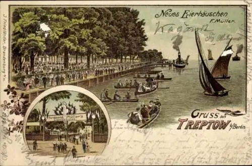 Litho Berlin Treptow, Neues Eierhäuschen, Inh. Ferdinand Müller, Uferpromenade, Segelboote