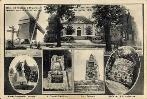 Ak Dennewitz Niedergörsdorf, Mühle mit Grabmal, Ruhmeshalle, Denkmal, Tauentzien Stein