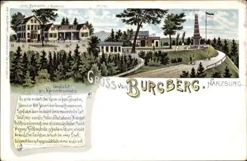 Litho Bad Harzburg Niedersachsen, Hotel Burgberge, Brocken, Canossa Säule, Gedicht am Kaiserbrunnen