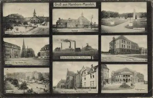 Ak Hamborn Marxloh Duisburg am Rhein, Bahnhof, Zeche Deutscher Kaiser, Realgymnasium, Kirche