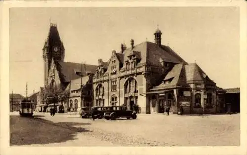 Ak Colmar Kolmar Elsass Haut Rhin, Bahnhof, Straßenbahn