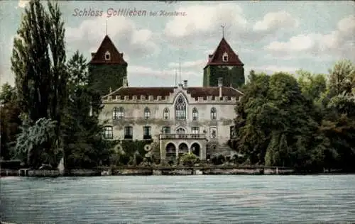 Ak Gottlieben Kanton Thurgau, Blick vom See zum Schloss