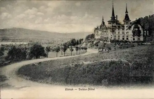 Ak Zürich Stadt Schweiz, Dolder Hotel, Zufahrtsstraße und Umgebungspanorama