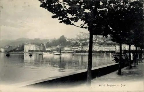 Ak Lugano Kanton Tessin, Quai, Blick von der Promenade auf den Hafen