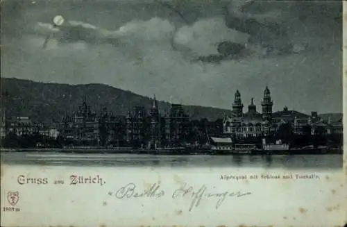 Mondschein Ak Zürich Stadt Schweiz, Alpenquai mit Schloss und Tonhalle, Nacht