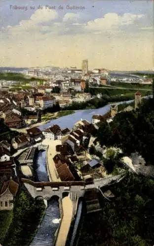 Ak Fribourg Freiburg Stadt Schweiz, Gotteron Brücke, Luftbild der Stadt