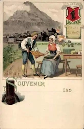 Litho Glarus, Blick auf die Stadt, Cacao Suchard, Frau und Mann in Trachten, Reklame