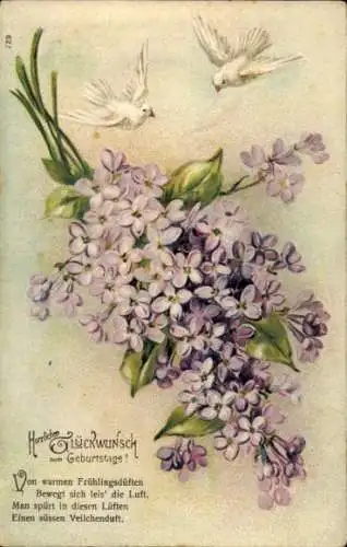 Präge Ak Glückwunsch Geburtstag, Veilchen, Tauben, Blumenstrauß