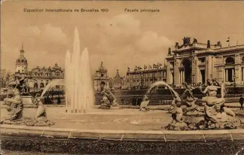 Ak Bruxelles Brüssel, Exposition Internationale 1910, Facade principale, Brunnen, Fontäne