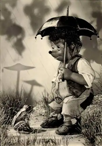 Ak Mecki der Igel, Und warte auf dich, Regen, Frosch, Regenschirm