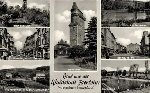 Ak Iserlohn im Märkischen Kreis, Bismarckturm, Danzturm, Rathausplatz, Heidebad, Seilersee