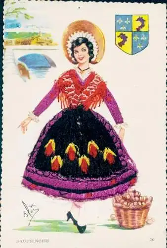 Seidenstick Wappen Künstler Ak Gumier, E., Junge Frau in französischer Tracht, Portrait, Korb