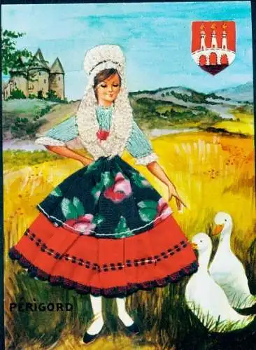 Stoff Ak Perigord, Französische Tracht, Frau-Portrait, Gänse, Wappen