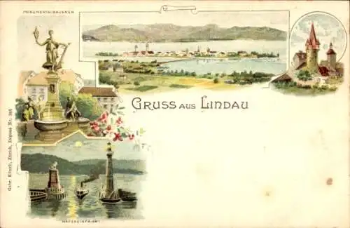 Litho Lindau am Bodensee Schwaben, Hafeneinfahrt, Leuchtturm, Monumentalbrunnen, Totalansicht