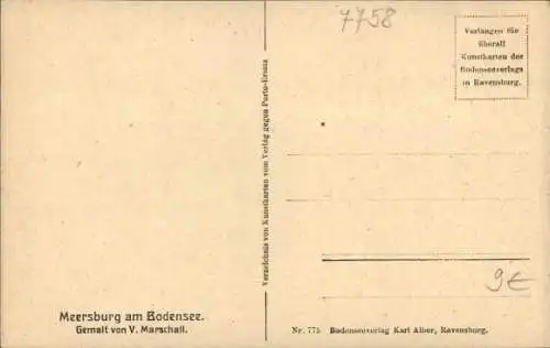 Künstler Ak Marschall, V., Meersburg im Bodenseekreis, Blick auf den Ort, Schloss