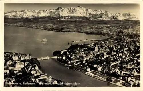 Ak Konstanz am Bodensee, Rheinausfluss mit Schweizer Alpen