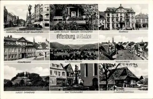 Ak Offenburg in Baden Schwarzwald, Neptunbrunnen, Rathaus, Bezirksamt, Schloss Ortenberg