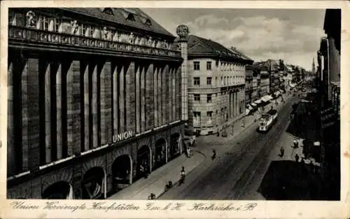 Ak Karlsruhe in Baden, Union Vereinigte Kaufstätten GmbH, Außenansicht, Straßenbahn