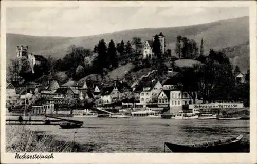 Ak Neckarsteinach in Hessen, Gasthof Zum Schwanen, Turm, Ausflugsschiffe