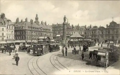 Ak Lille Nord, Grand'Place, Denkmal, Straßenbahn