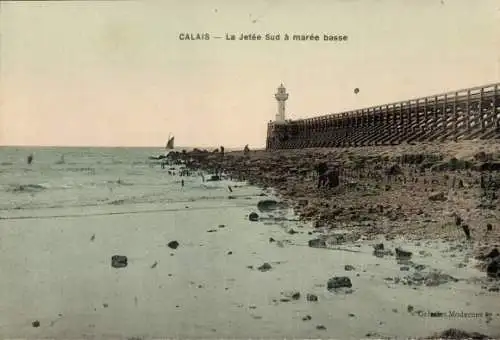 Ak Calais Pas de Calais, La Jetée Sud bei Ebbe