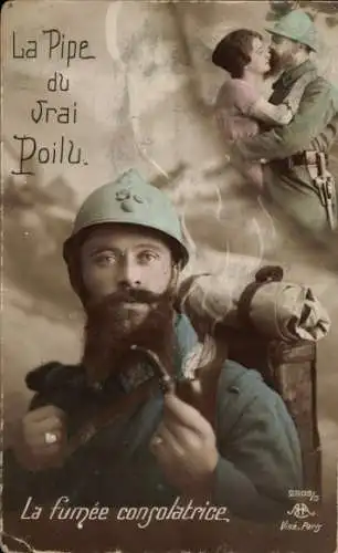 Ak Französischer Soldat mit Pfeife, Liebespaar, Umarmung