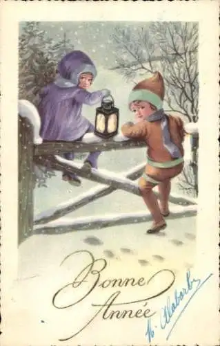 Ak Glückwunsch Neujahr, Kinder steigen über einen Zaun, Winterlandschaft