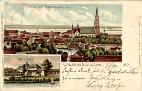 Litho Schleswig an der Schlei, Dom, Blick von der Michaeliskirche, Schloss Gottorf