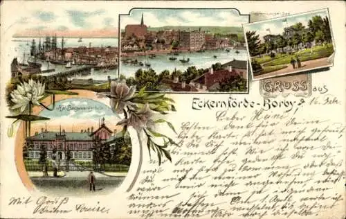 Litho Ostseebad Borby Eckernförde, Hafen, Baugewerkschule, Luisen Bad