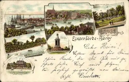 Litho Ostseebad Borby Eckernförde, Hafen, Strandhotel, Denkmal, Luisen Bad