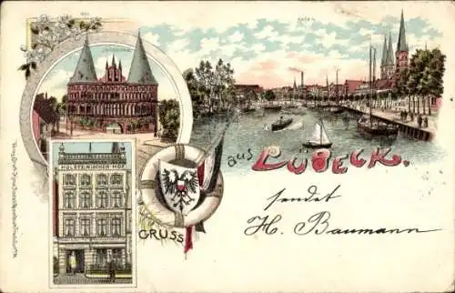 Wappen Litho Hansestadt Lübeck, Hafen, Holstentor, Hotel Holsteinischer Hof