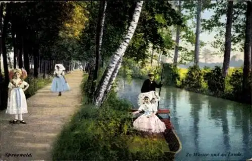 Ak Trachten Spreewald, zu Wasser, zu Lande, Gondel, Promenade am Wasser