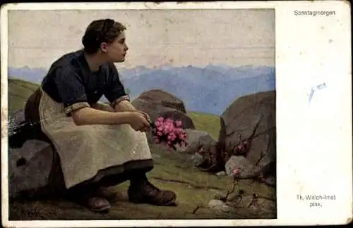 Künstler Ak Walch-Imst, Th., Sonntagmorgen, Frau in Tracht im Gebirge