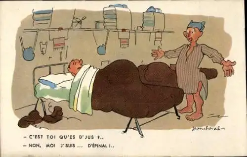 Künstler Ak Cheval, Jean, Französische Soldaten, Bett, Nachthemd, Soldatenhumor