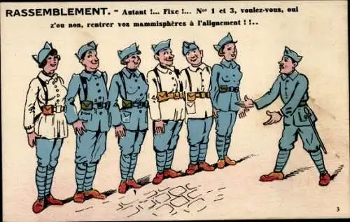 Künstler Ak Französische Soldaten und Frauen in Uniformen