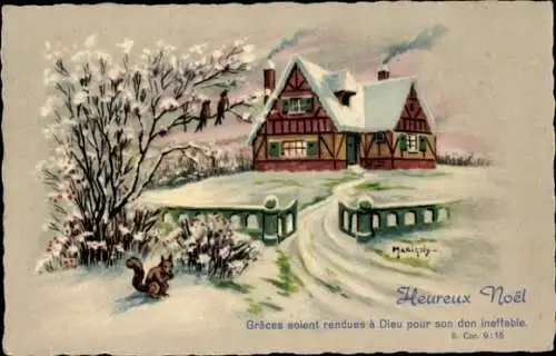 Künstler Ak Marigny, Glückwunsch Weihnachten, 2. Kor. 9 15, Eichhörnchen, Winterlandschaft