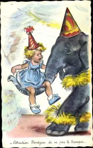 Künstler Ak Mädchen sitzt auf dem Rüssel von einem Elefanten