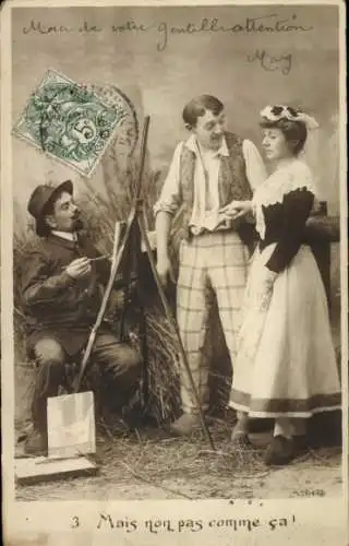 Ak Maler an der Staffelei, Paar in Trachten