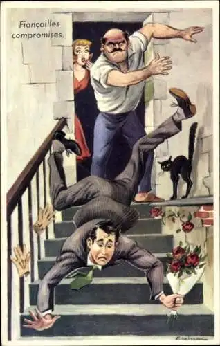 Künstler Ak Preissac, Fiancailles compromises, Verehrer verjagt von der Treppe geschubst