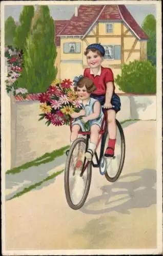 Ak Junge und Mädchen auf einem Fahrrad, Blumenstrauß