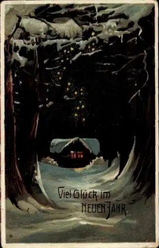 Präge Ak Glückwunsch Weihnachten, Winterlandschaft, Haus, Bäume, Schnee, Sterne