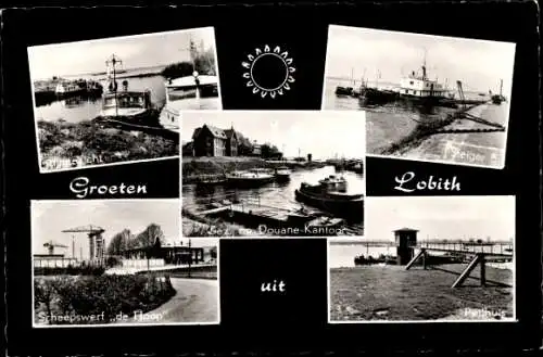 Ak Lobith Rijnwaarden Gelderland, Pelhuis, De Hoop Shipyard, Blick auf den Hafen