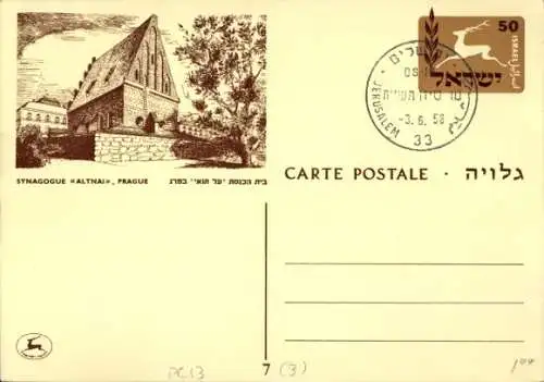 Judaika Ganzsachen Ak Israel, Praha Prag, Synagogue Althai, Synagoge