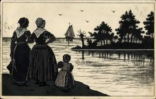 Ak Frauen in niederländischer Tracht, Segelschiff, Mädchen