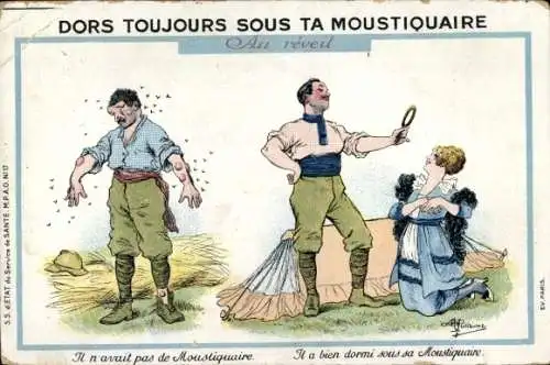 Künstler Ak Guillaume, Albert, Dors Toujours sous ta Moustiquaire, Au reveil, Schutz vor Insekten