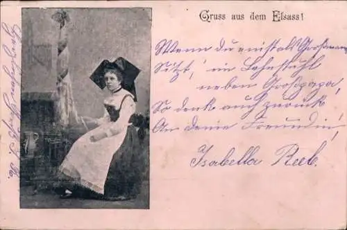 Ak Frau in Volkstracht aus dem Elsass am Spinnrad