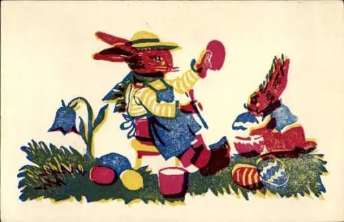 Ak Glückwunsch Ostern, Osterhasen bemalen Eier